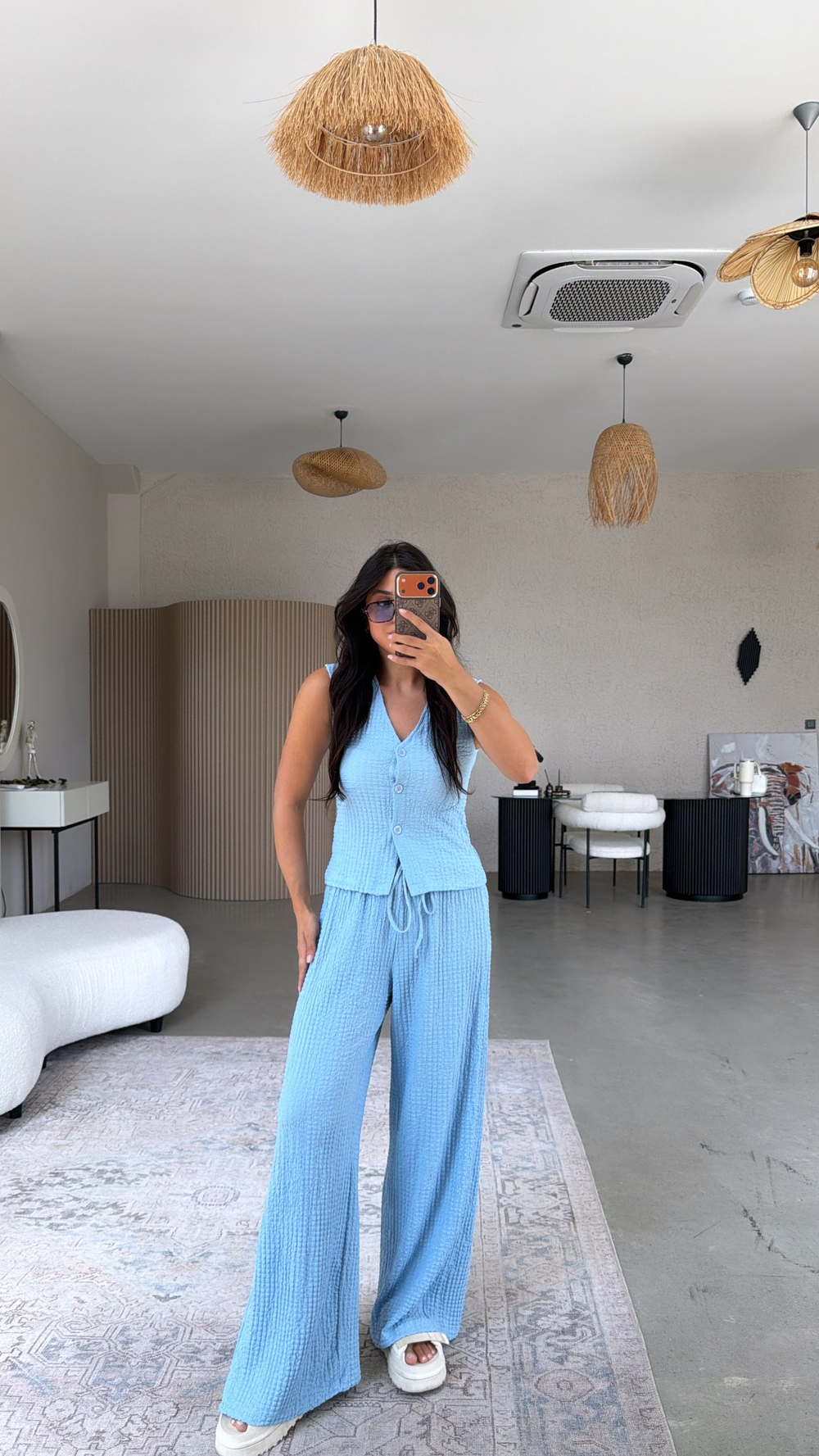Bebe Mavi Bubble Kumaş Yelek Pantolon Takım