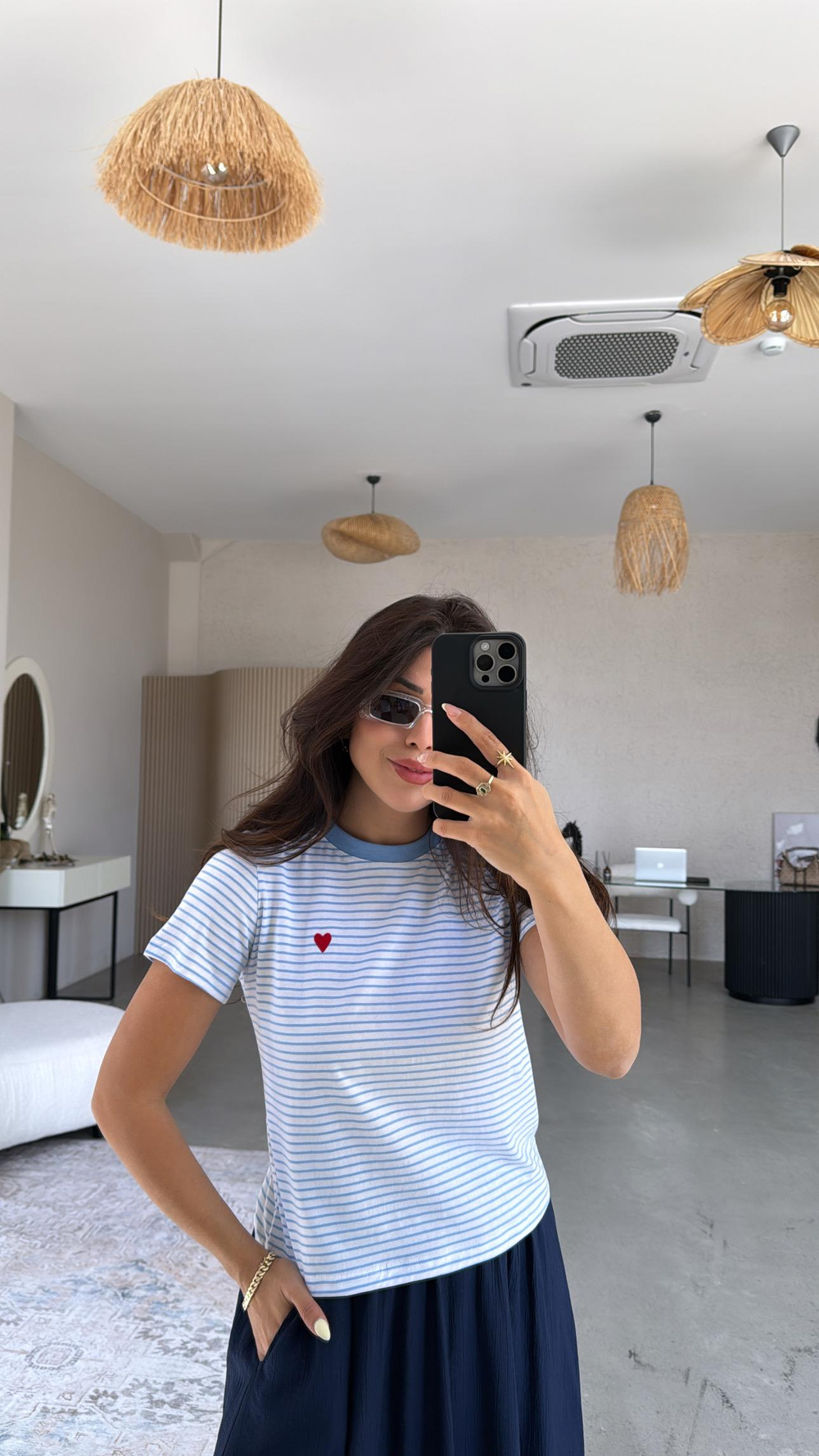Bebe Mavi Çizgili Kalp Nakışlı Tshirt