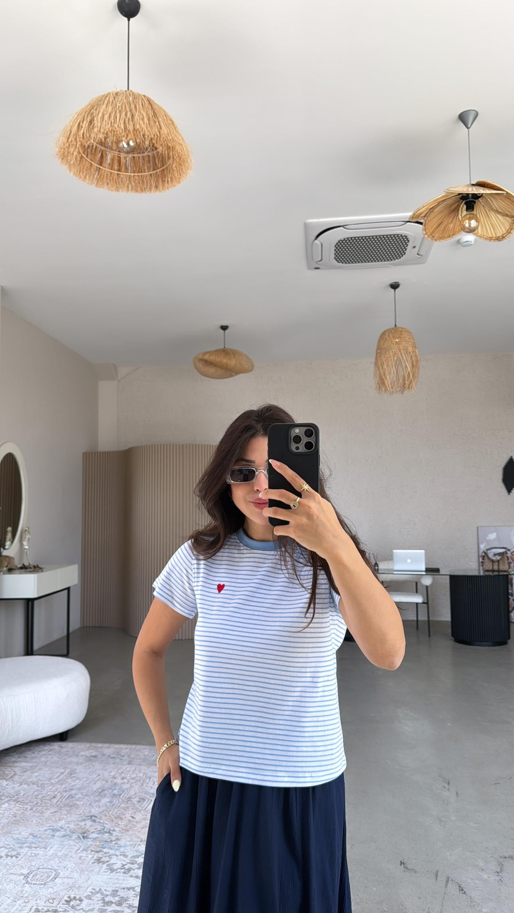 Bebe Mavi Çizgili Kalp Nakışlı Tshirt