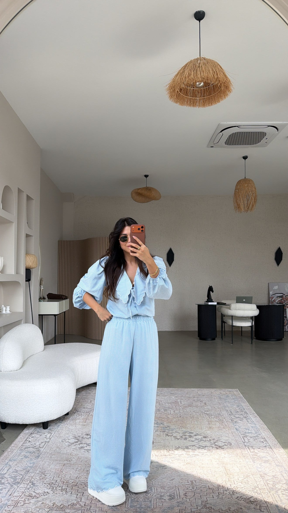 Bebe Mavi Pötikareli Romantik Pantolon Bluz Takım