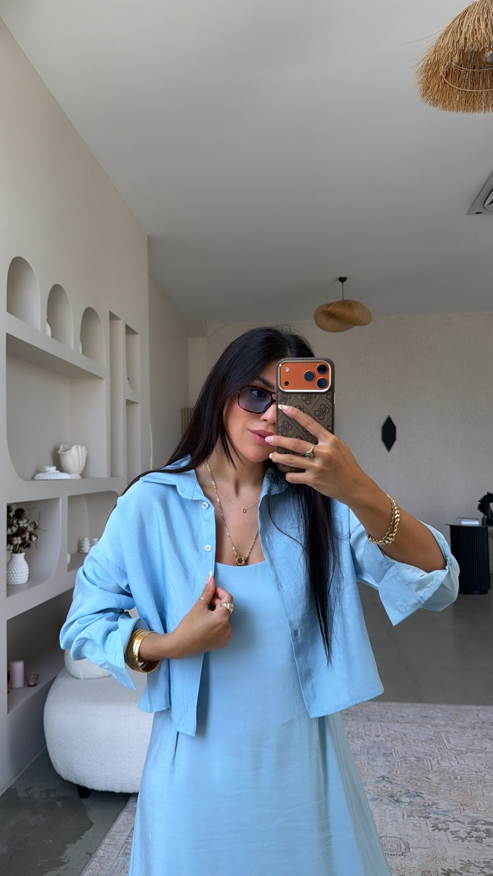 Bebe Mavi Tensel Premium Gömlek Elbise Takım