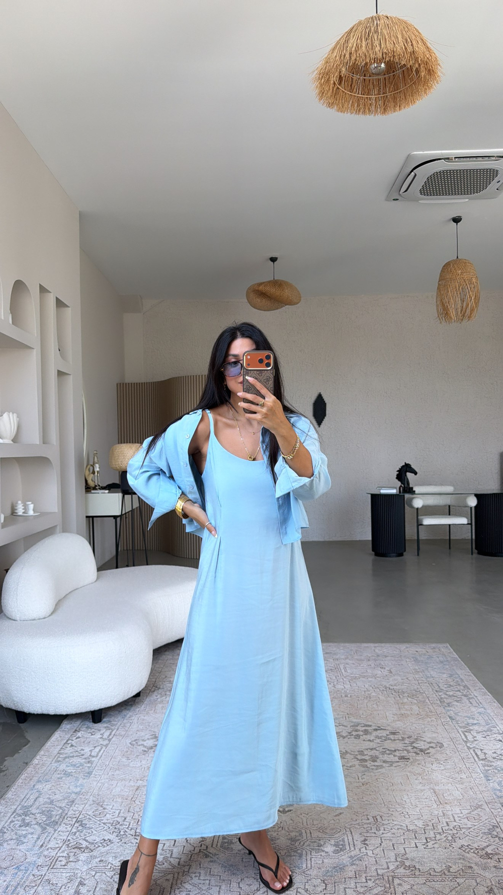 Bebe Mavi Tensel Premium Gömlek Elbise Takım