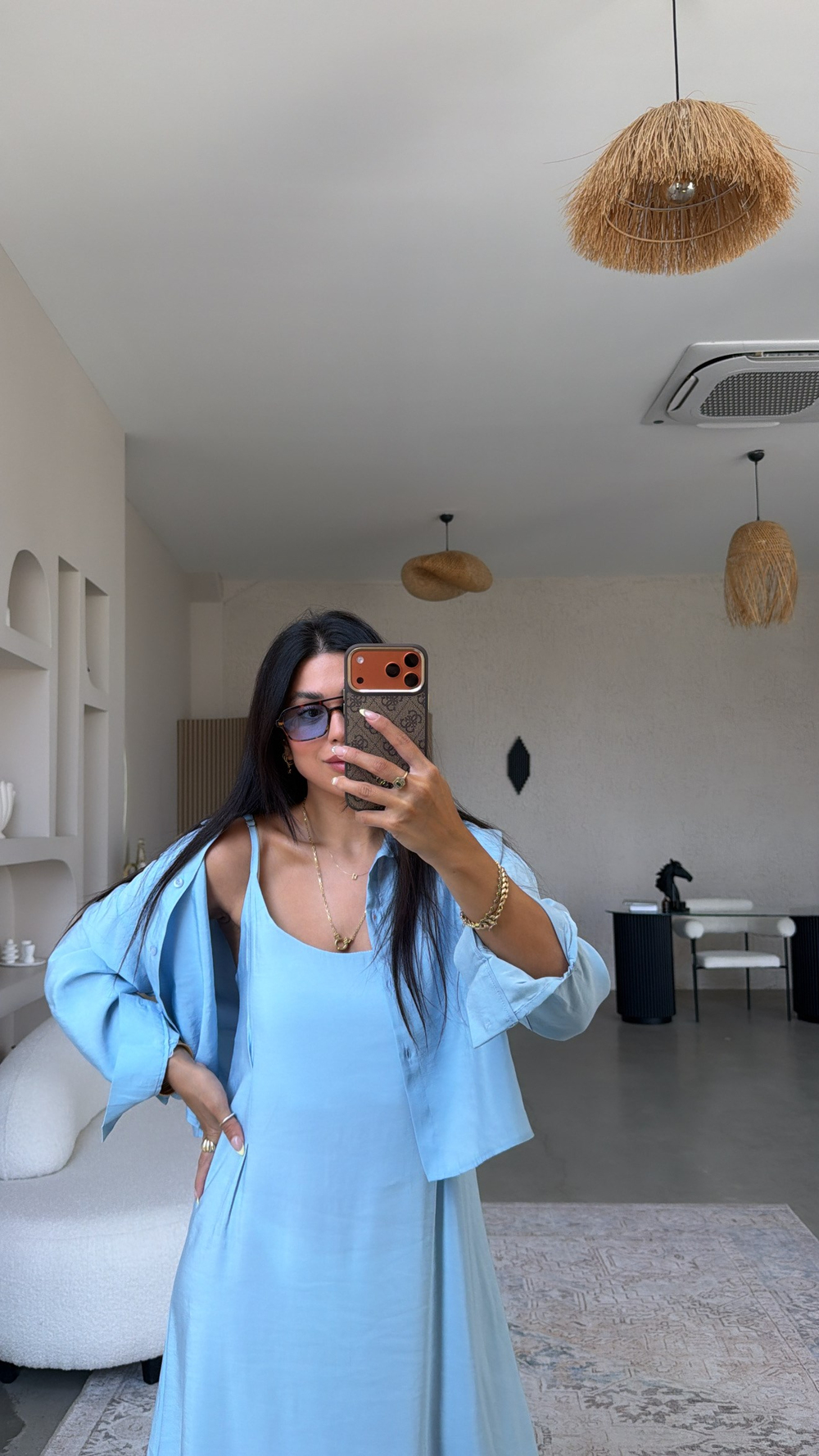 Bebe Mavi Tensel Premium Gömlek Elbise Takım