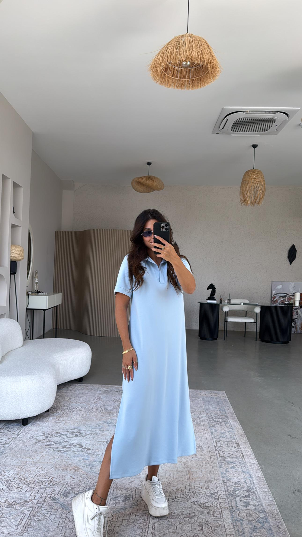 Bebe Mavi Yakalı Uzun Modal Elbise