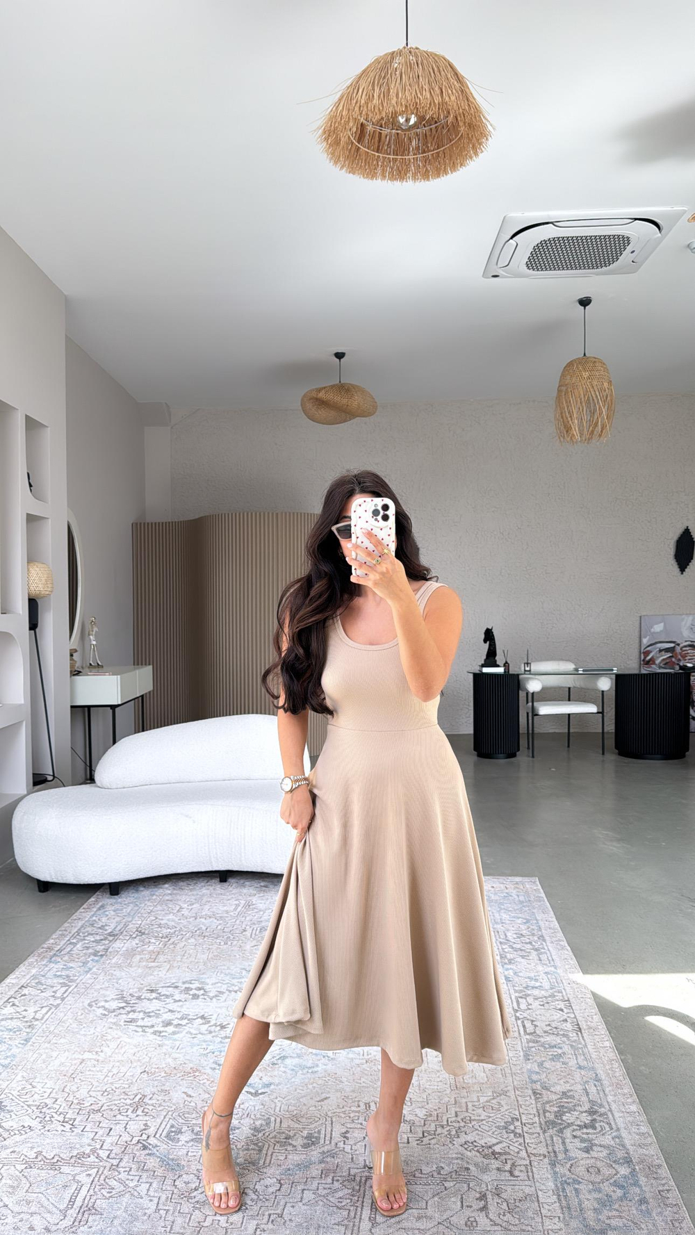 Bej Askılı Kaşkorse Elbise
