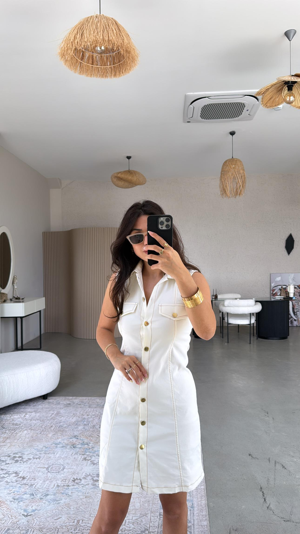 Ekru Düğmeli Likralı Yakalı Denim Elbise