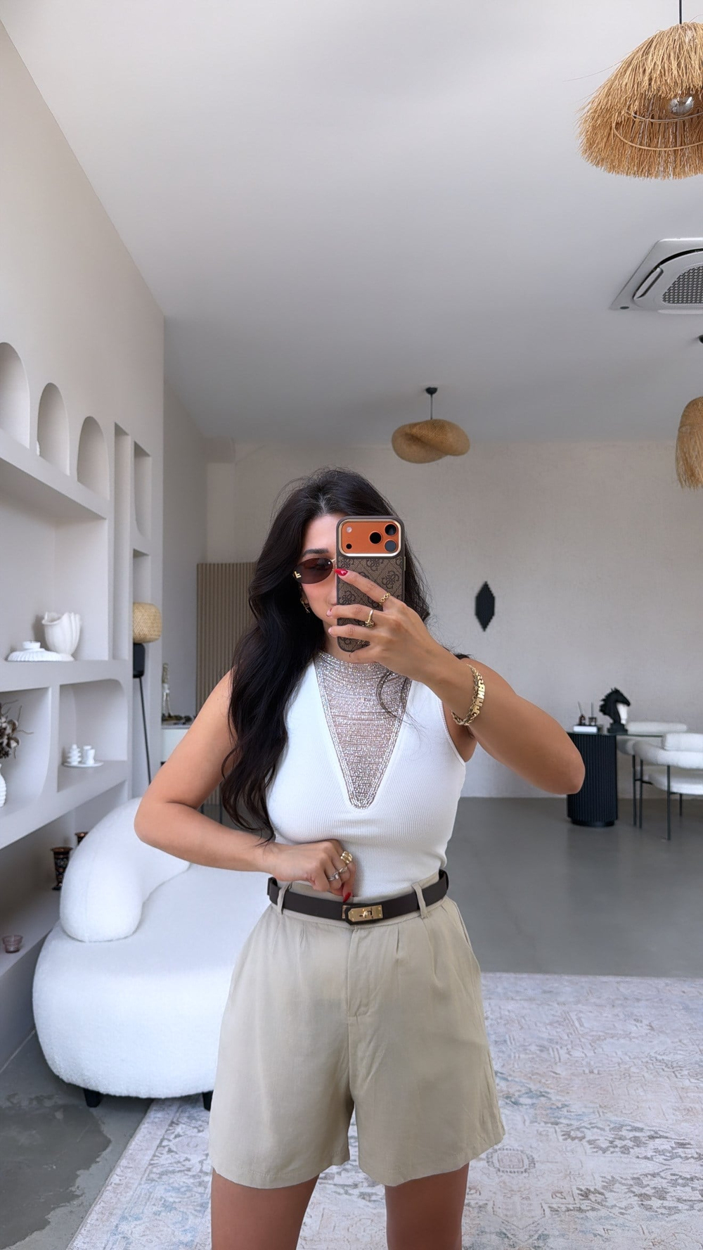 Bej Keten Premium Kemerli Şort
