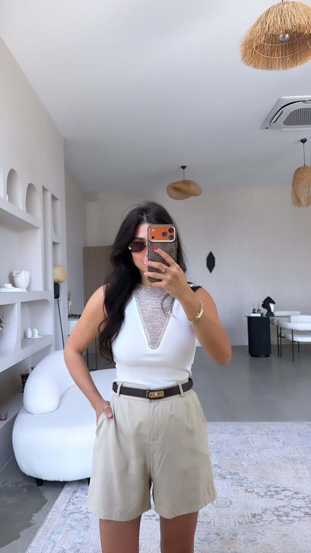 Bej Keten Premium Kemerli Şort