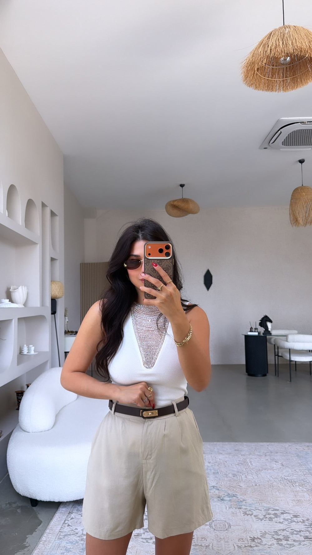 Bej Keten Premium Kemerli Şort