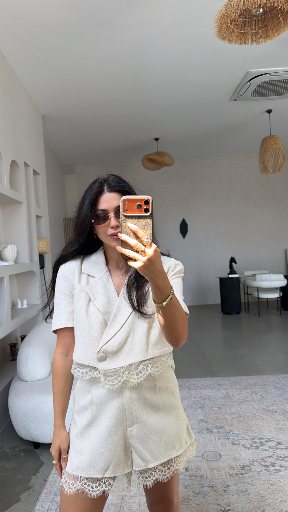 Bej Keten ZR Model Dantelli Şort Ceket Takım