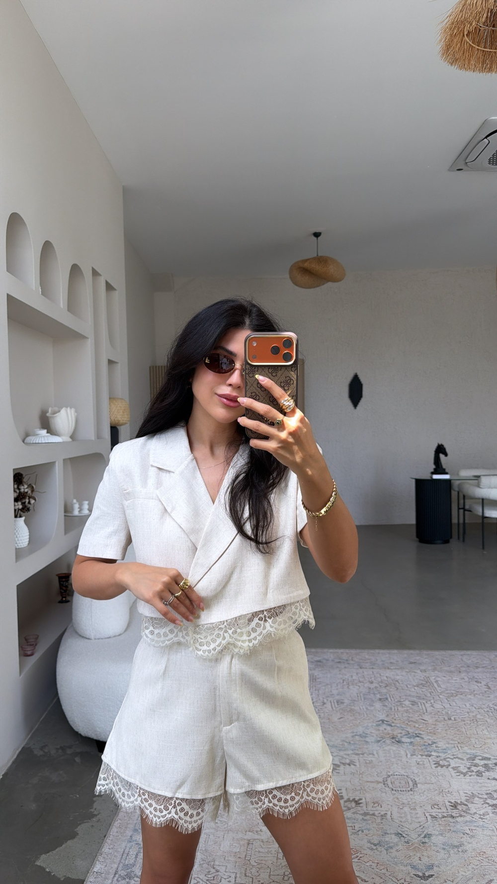 Bej Keten ZR Model Dantelli Şort Ceket Takım