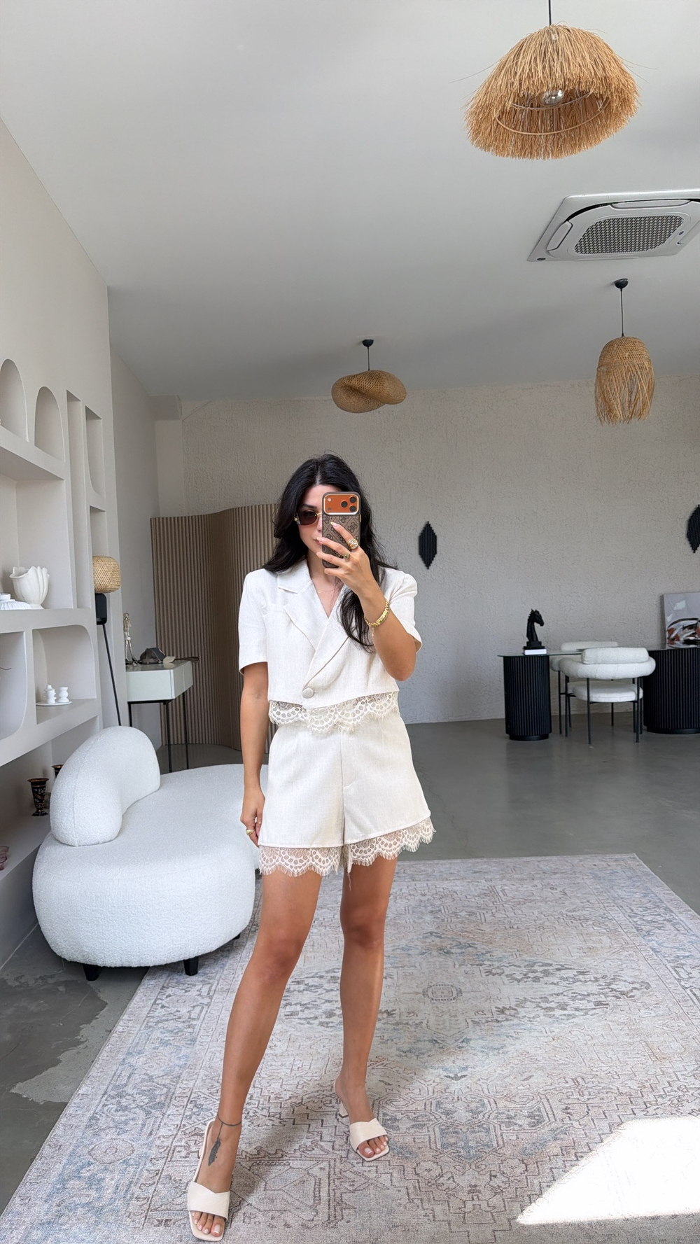 Bej Keten ZR Model Dantelli Şort Ceket Takım