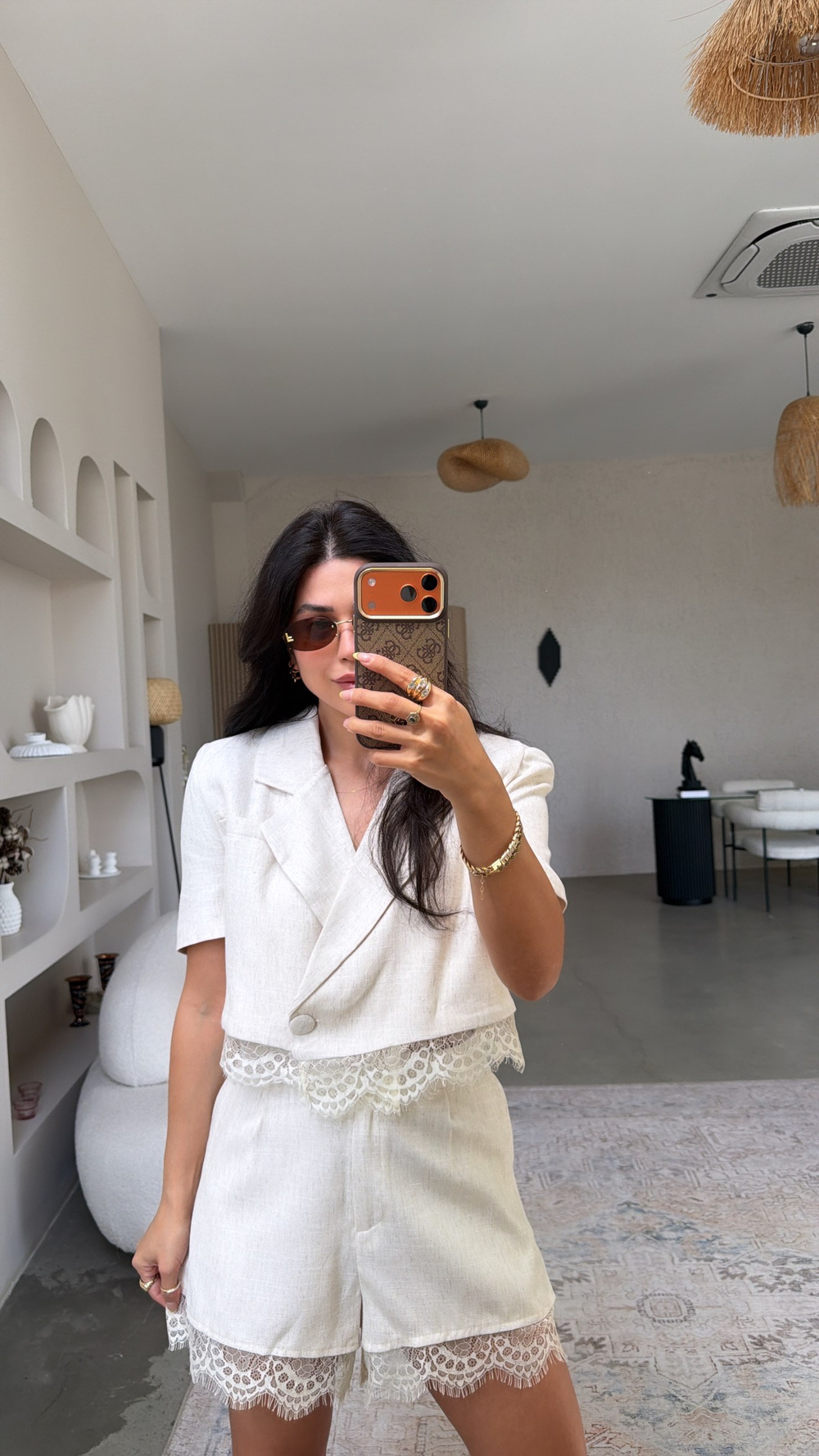 Bej Keten ZR Model Dantelli Şort Ceket Takım