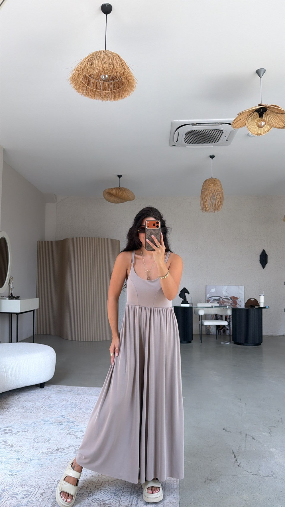 Bej Pike Modal İnce Askılı Salaş Tulum