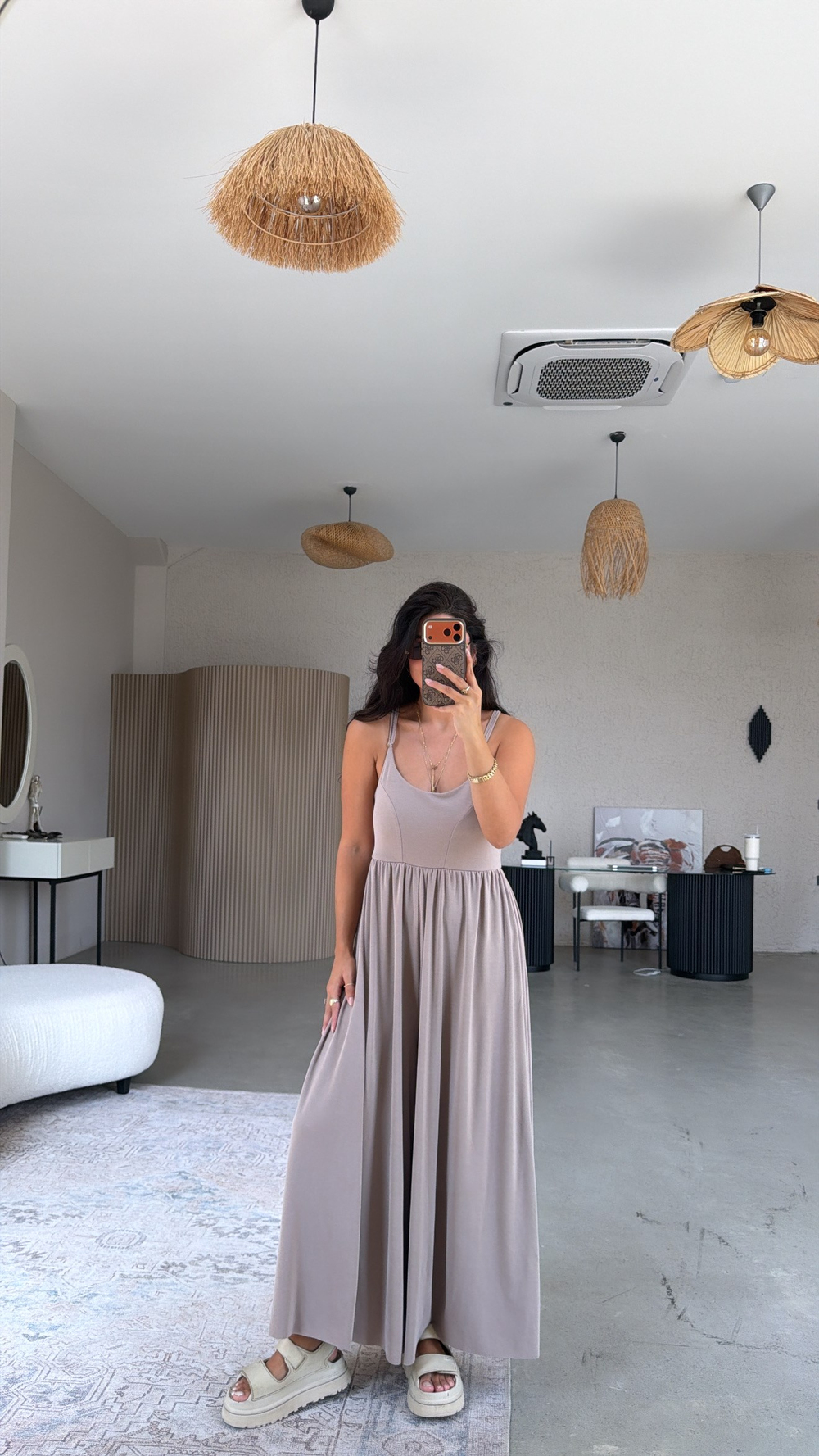 Bej Pike Modal İnce Askılı Salaş Tulum