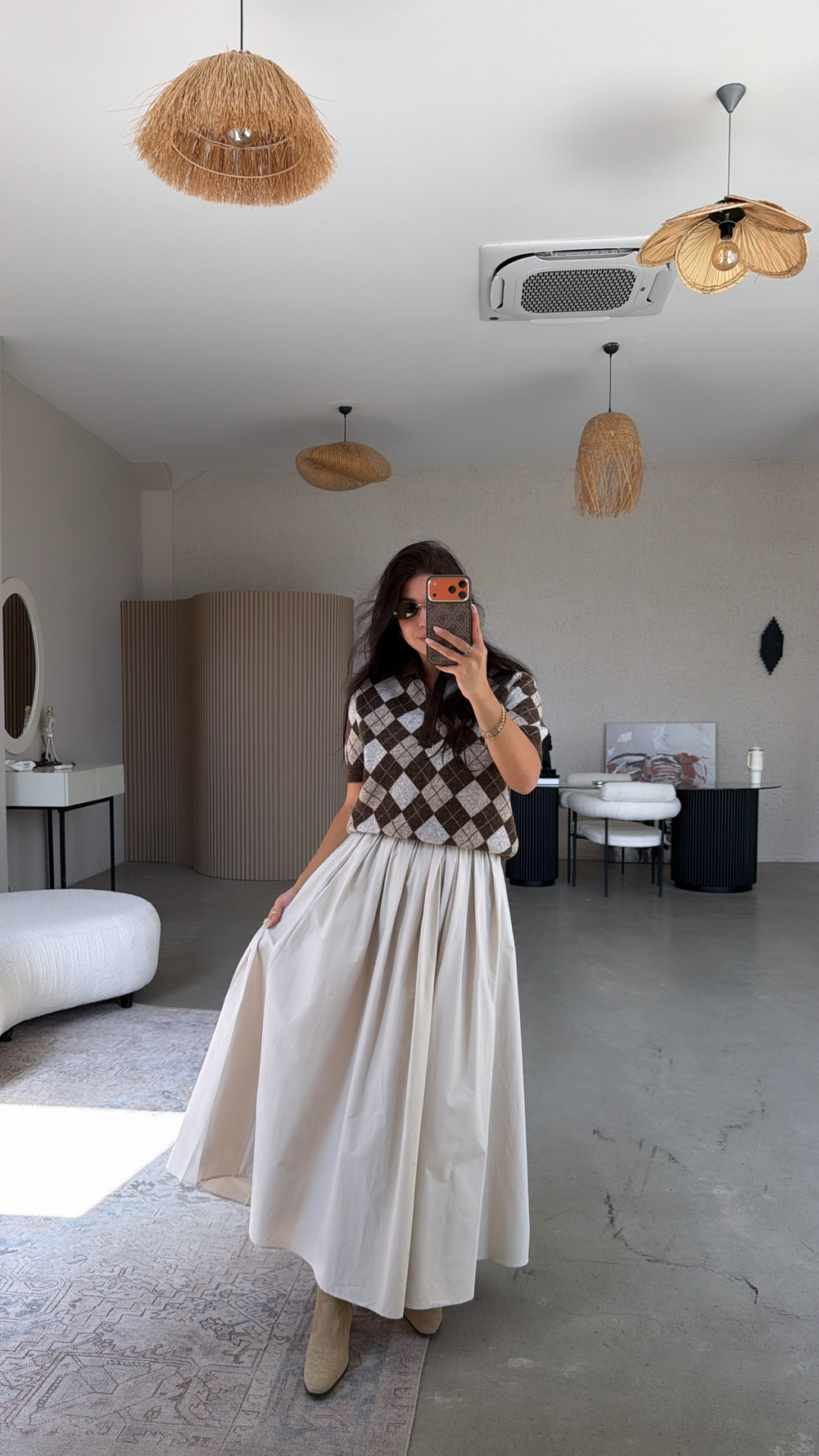 Bej Poplin Maxi Beli Lastikli Etek