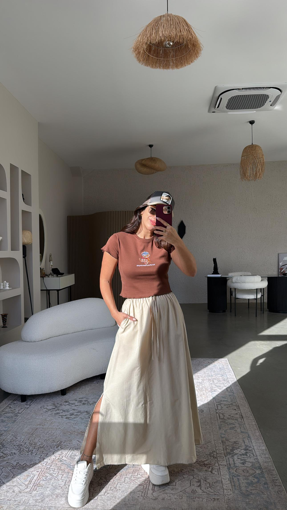 Bej Poplin Maxi Etek