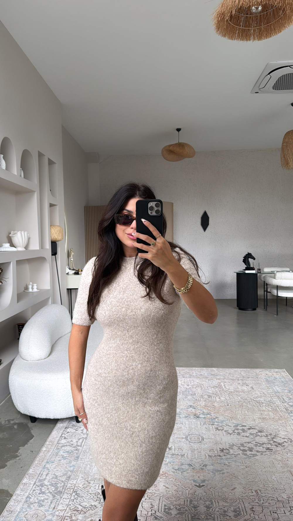 Bej Triko Basic Elbise