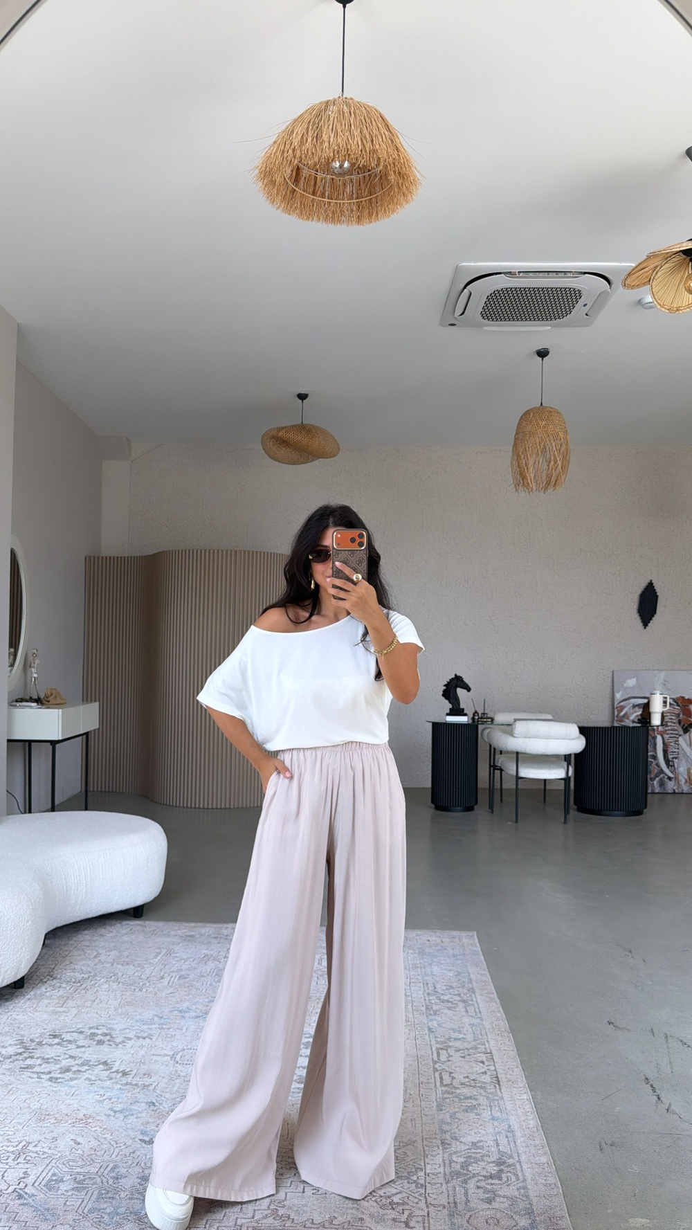 Bej Ultra Wide Leg Tensel Pantolon