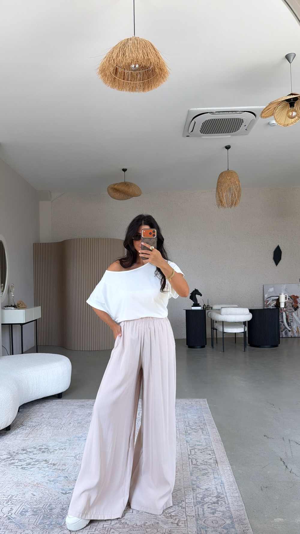 Bej Ultra Wide Leg Tensel Pantolon