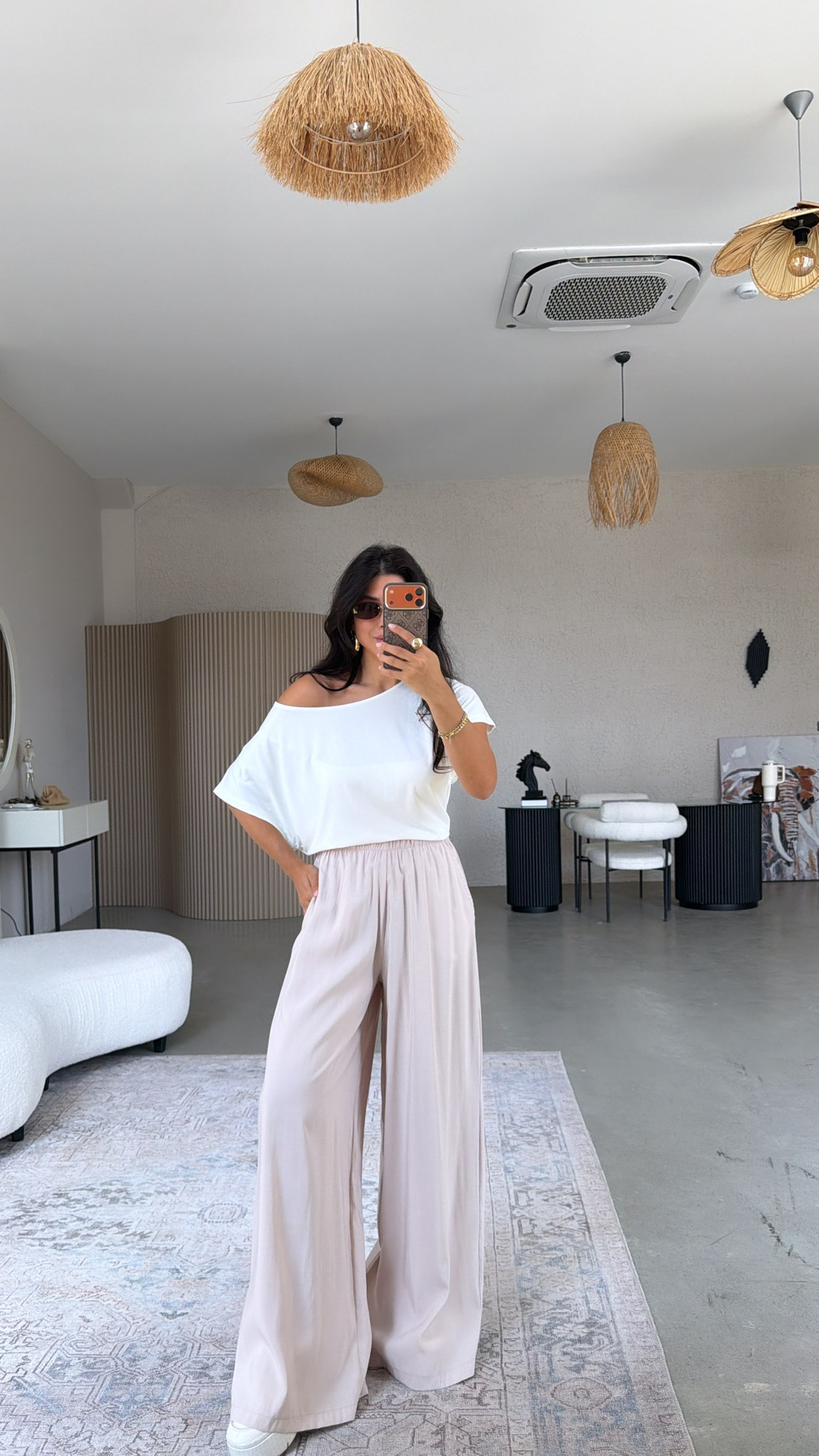 Bej Ultra Wide Leg Tensel Pantolon