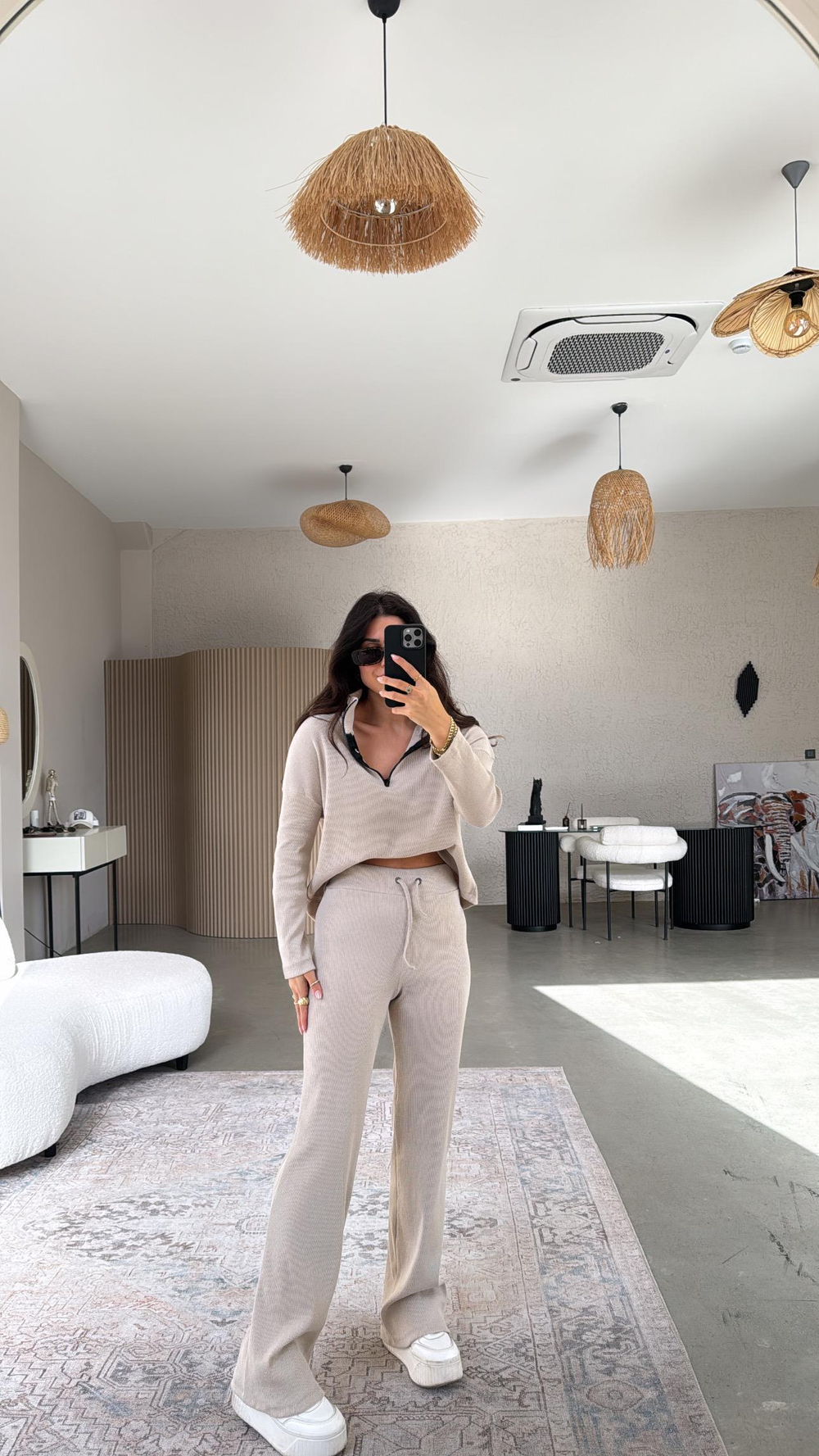 Bej Yarım Fermuarlı Fitilli Basic Takım