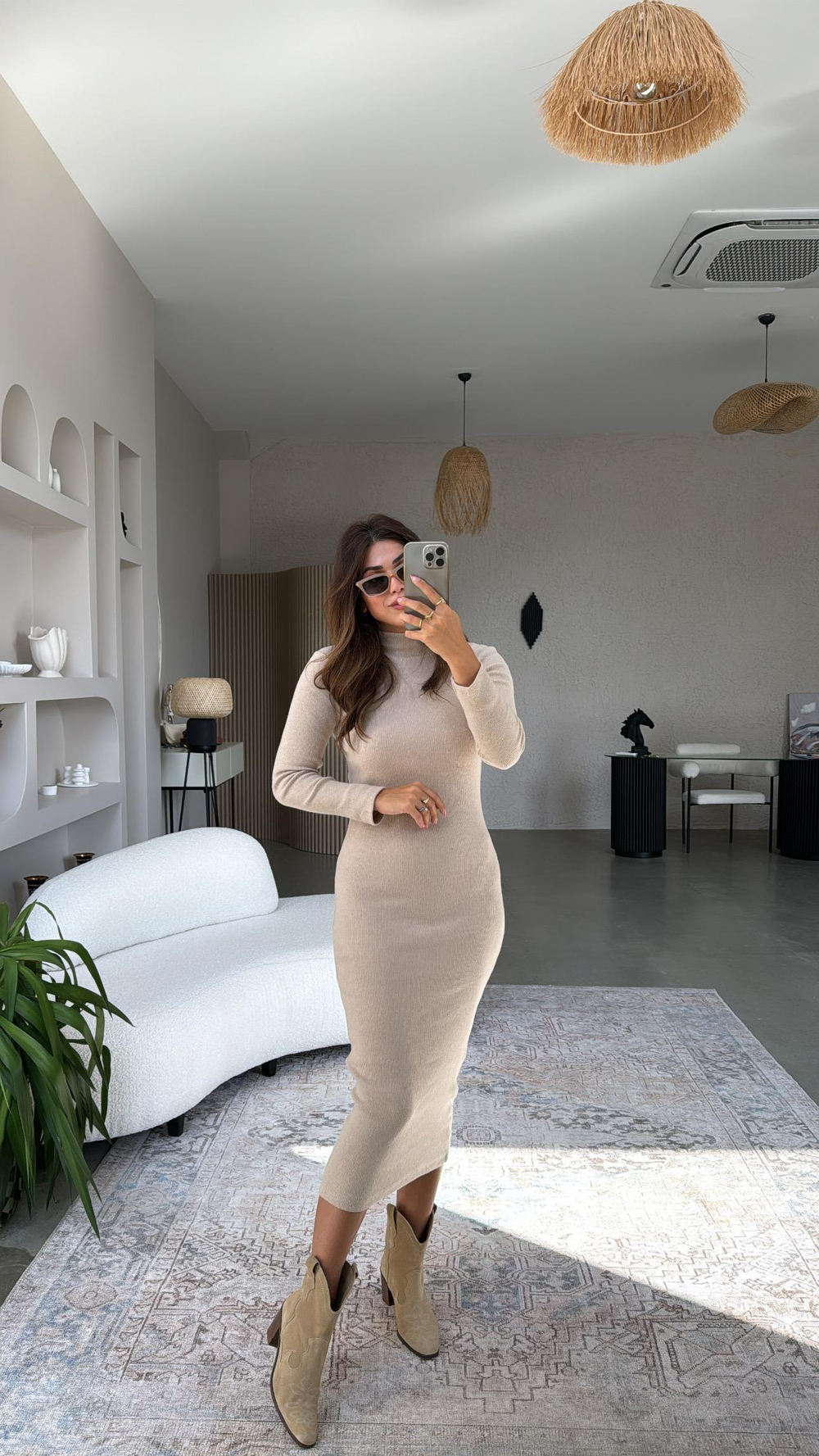 Bej Yün Karışımlı Triko Kalem Elbise