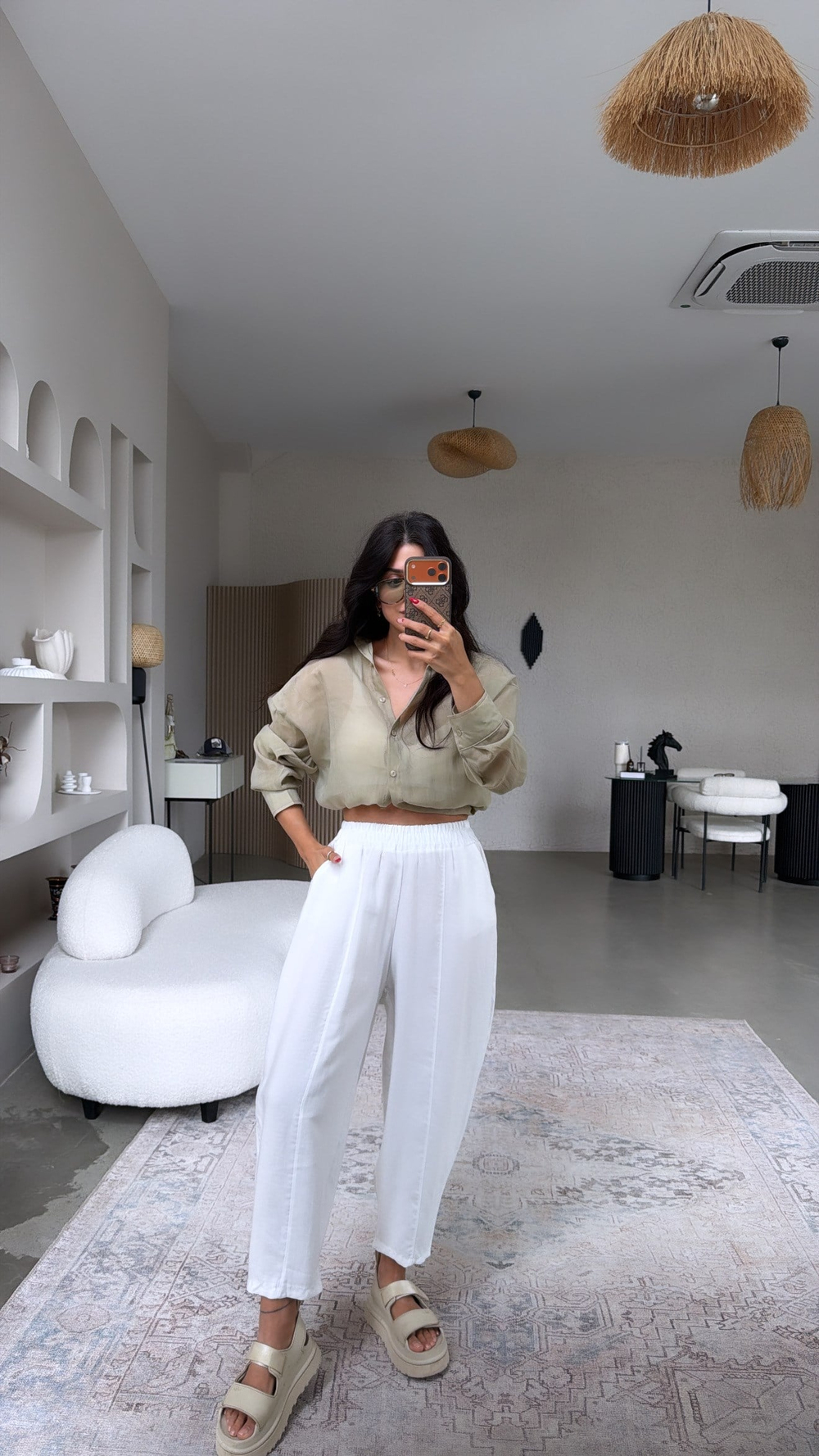 Beyaz Beli Lastikli Baggy Yıkamalı Tensel Kumaş Premium Pantolon
