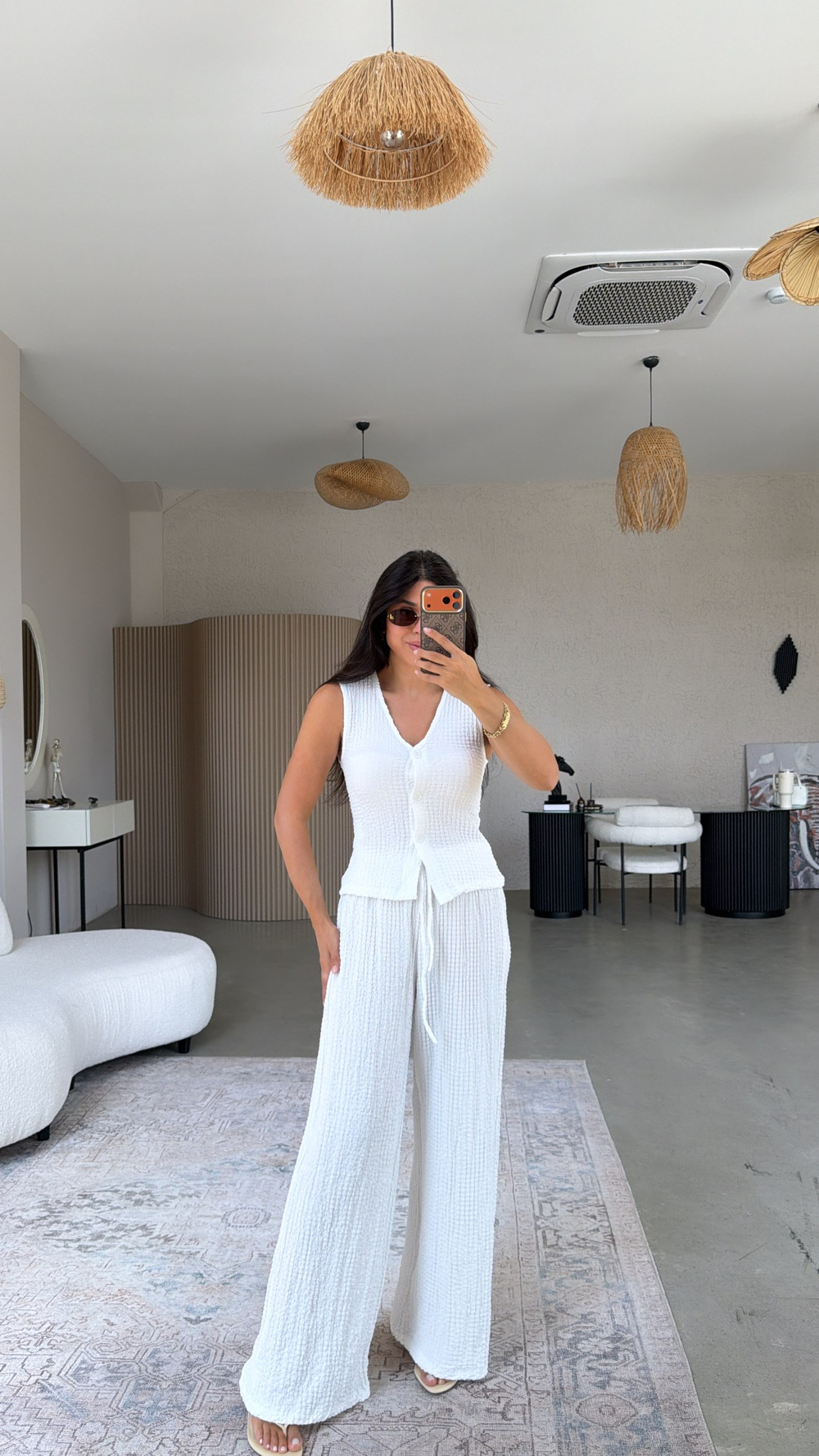 Beyaz Bubble Kumaş Yelek Pantolon Takım