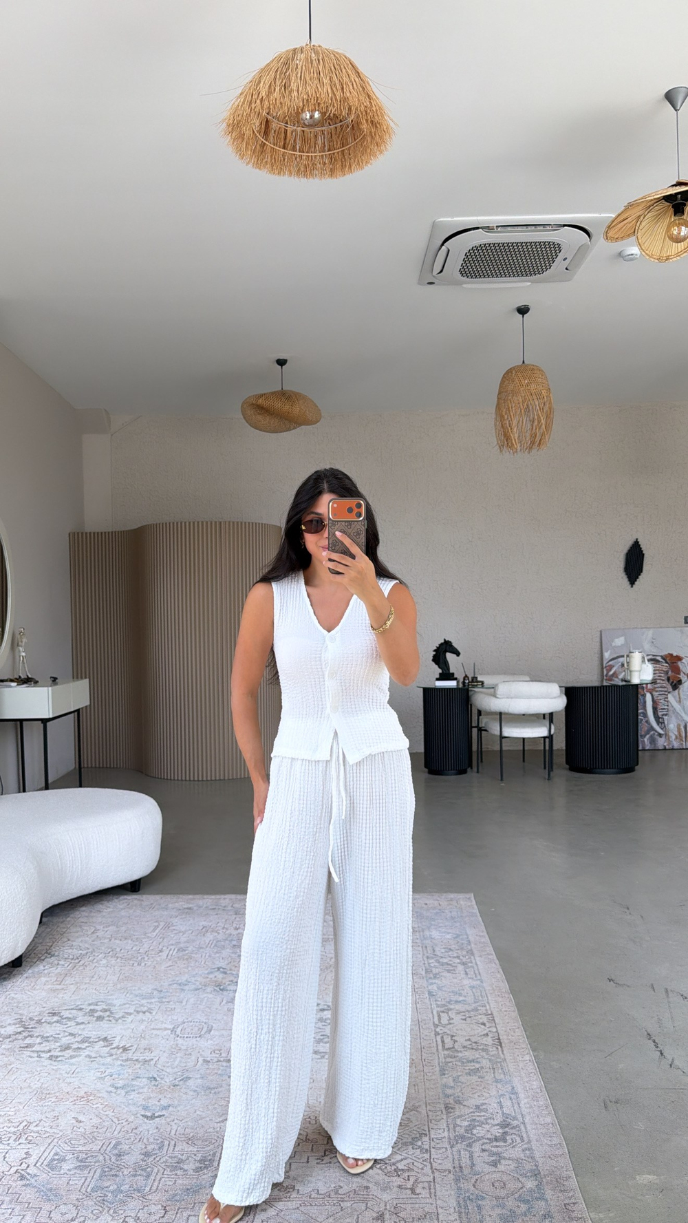 Beyaz Bubble Kumaş Yelek Pantolon Takım