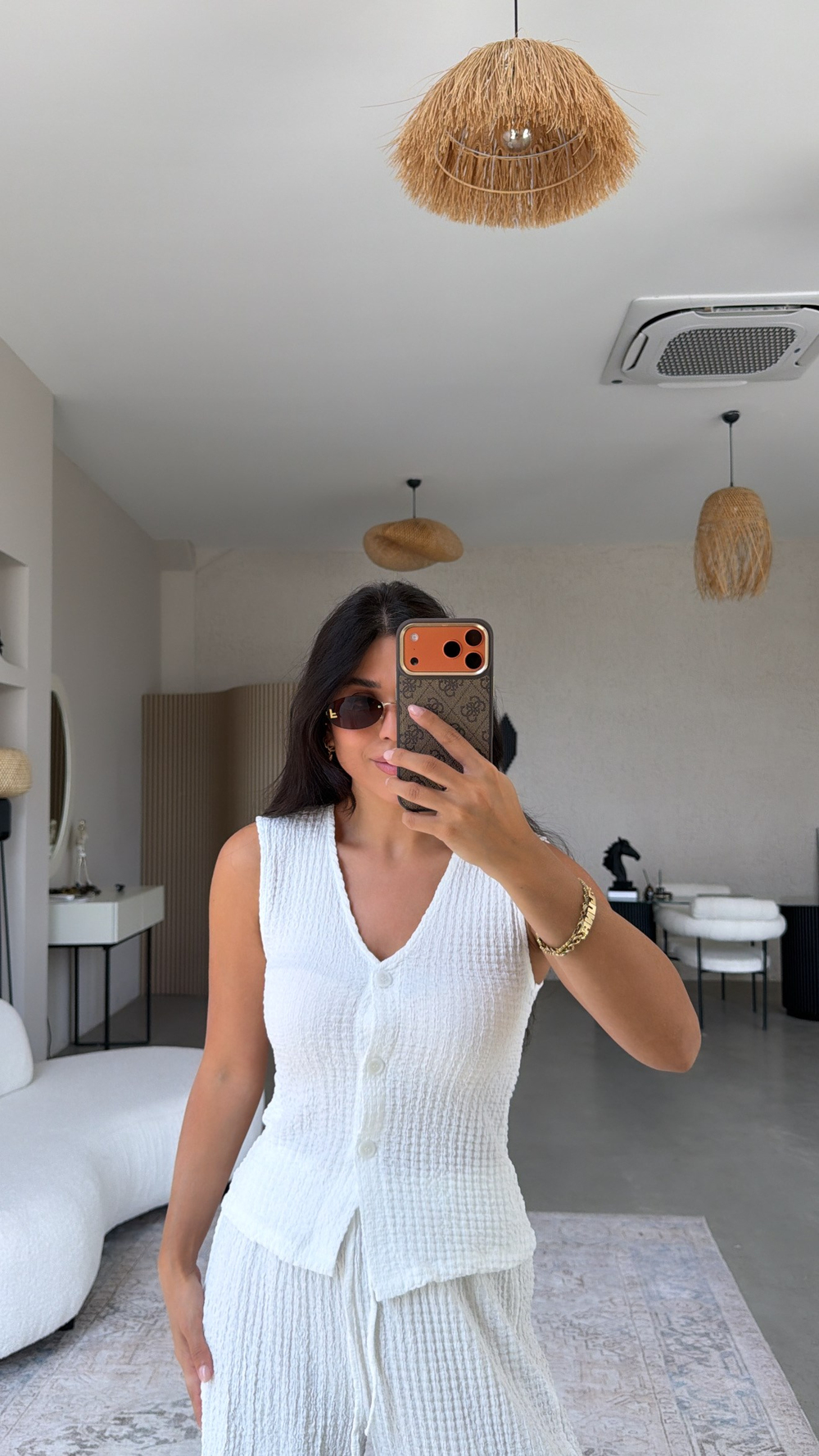 Beyaz Bubble Kumaş Yelek Pantolon Takım