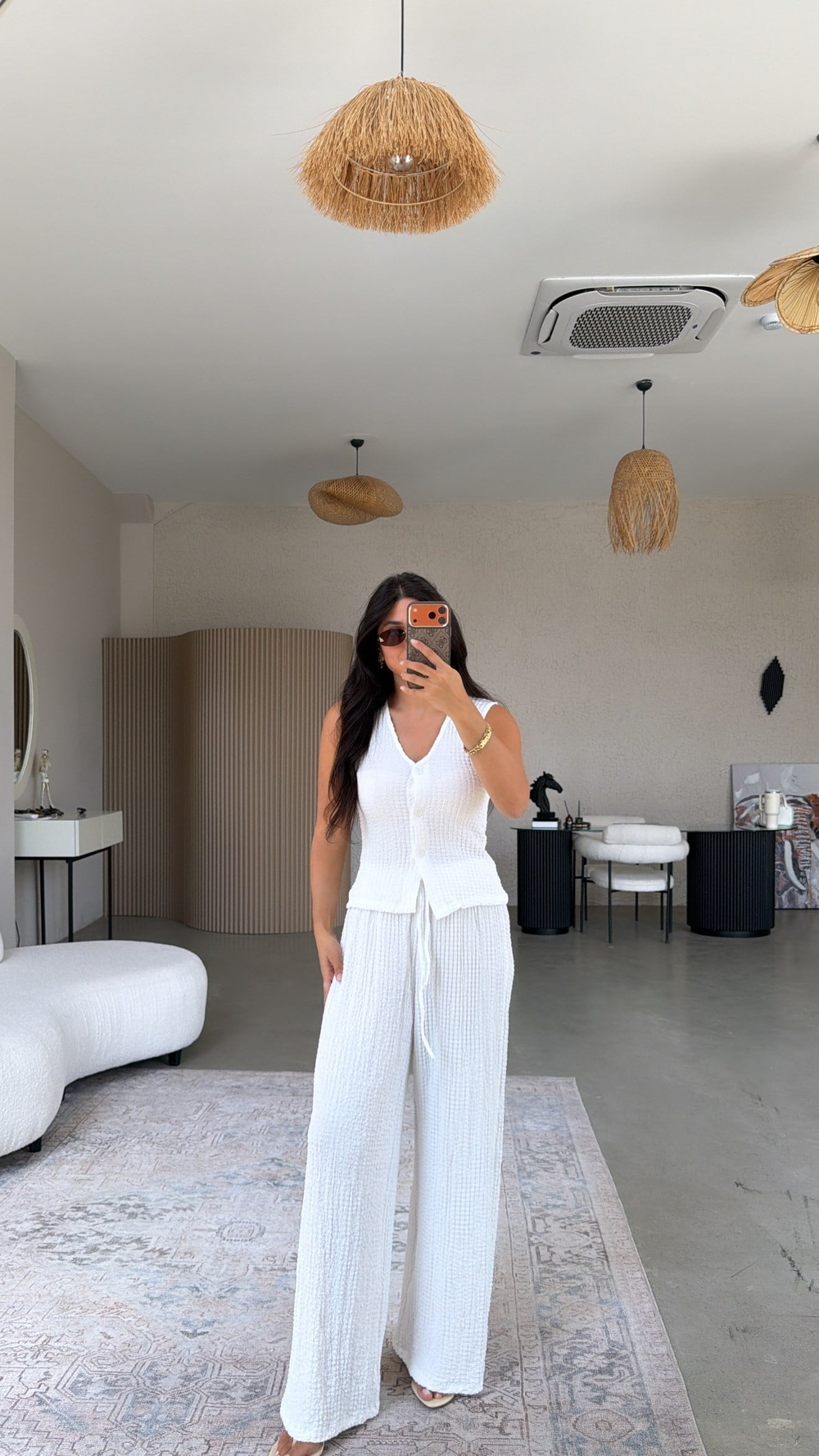 Beyaz Bubble Kumaş Yelek Pantolon Takım