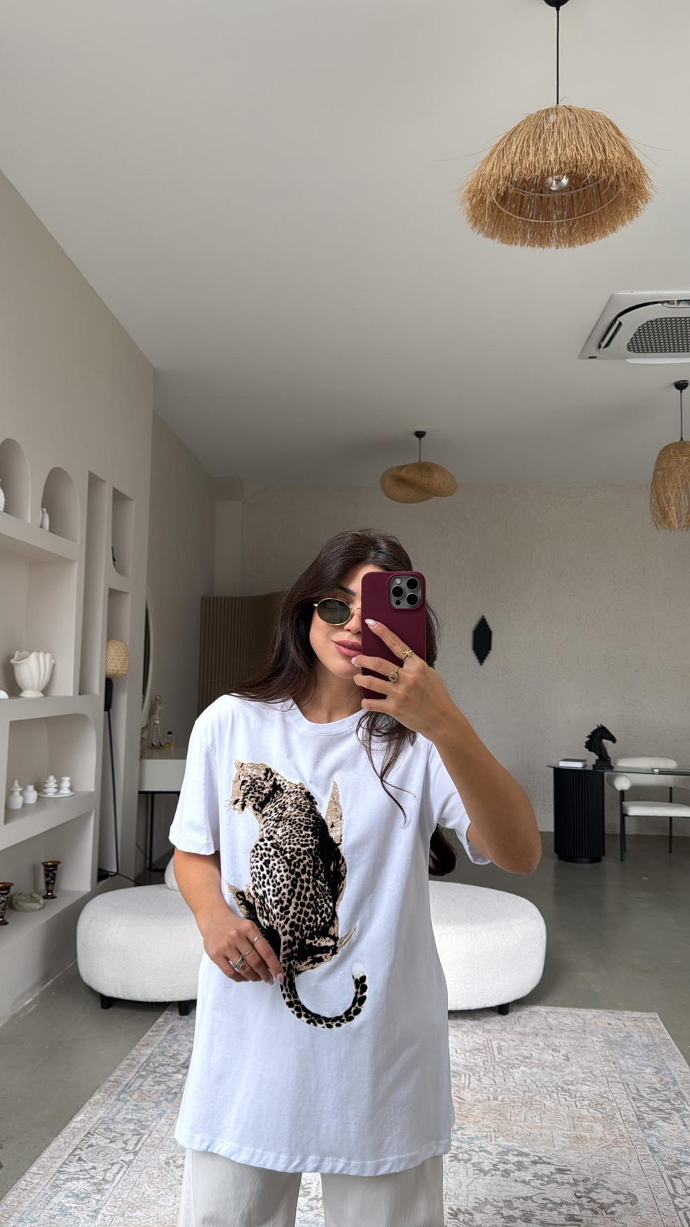 Beyaz Flok Leopar Baskılı Tshirt