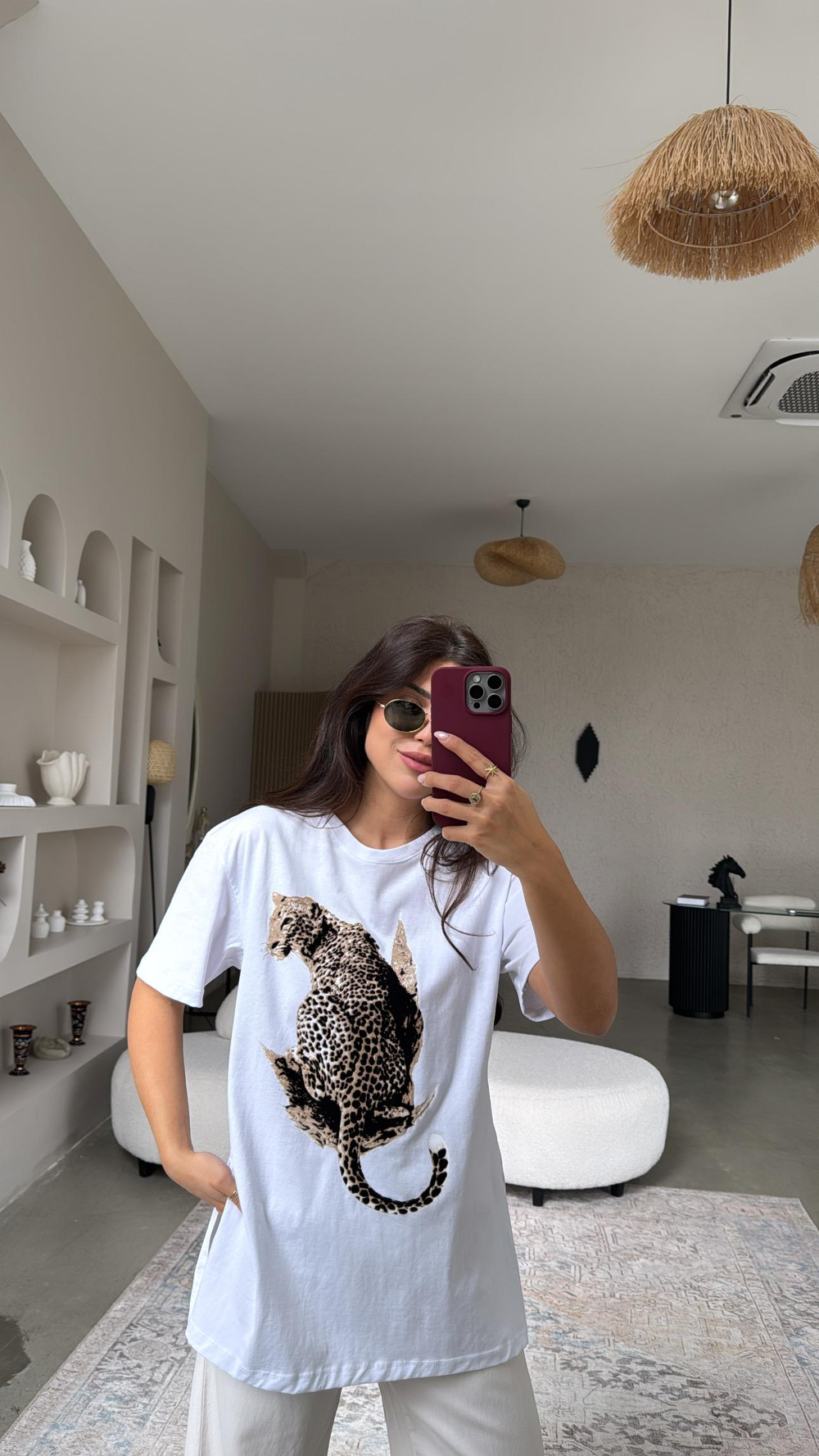 Beyaz Flok Leopar Baskılı Tshirt