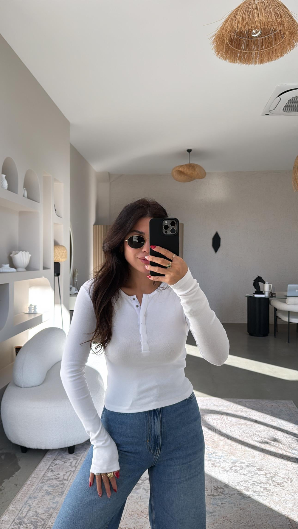 Beyaz Pamuklu Çıtçıtlı Uzun Kol Basic Bluz