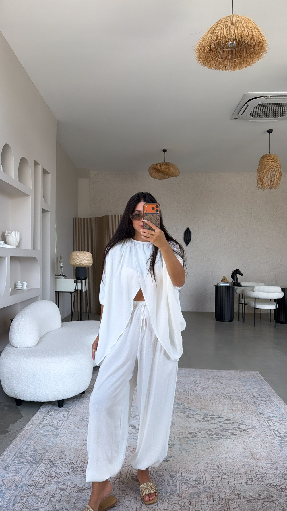 Beyaz Premium Keten Kruvaze Bluz Pantolon Takım