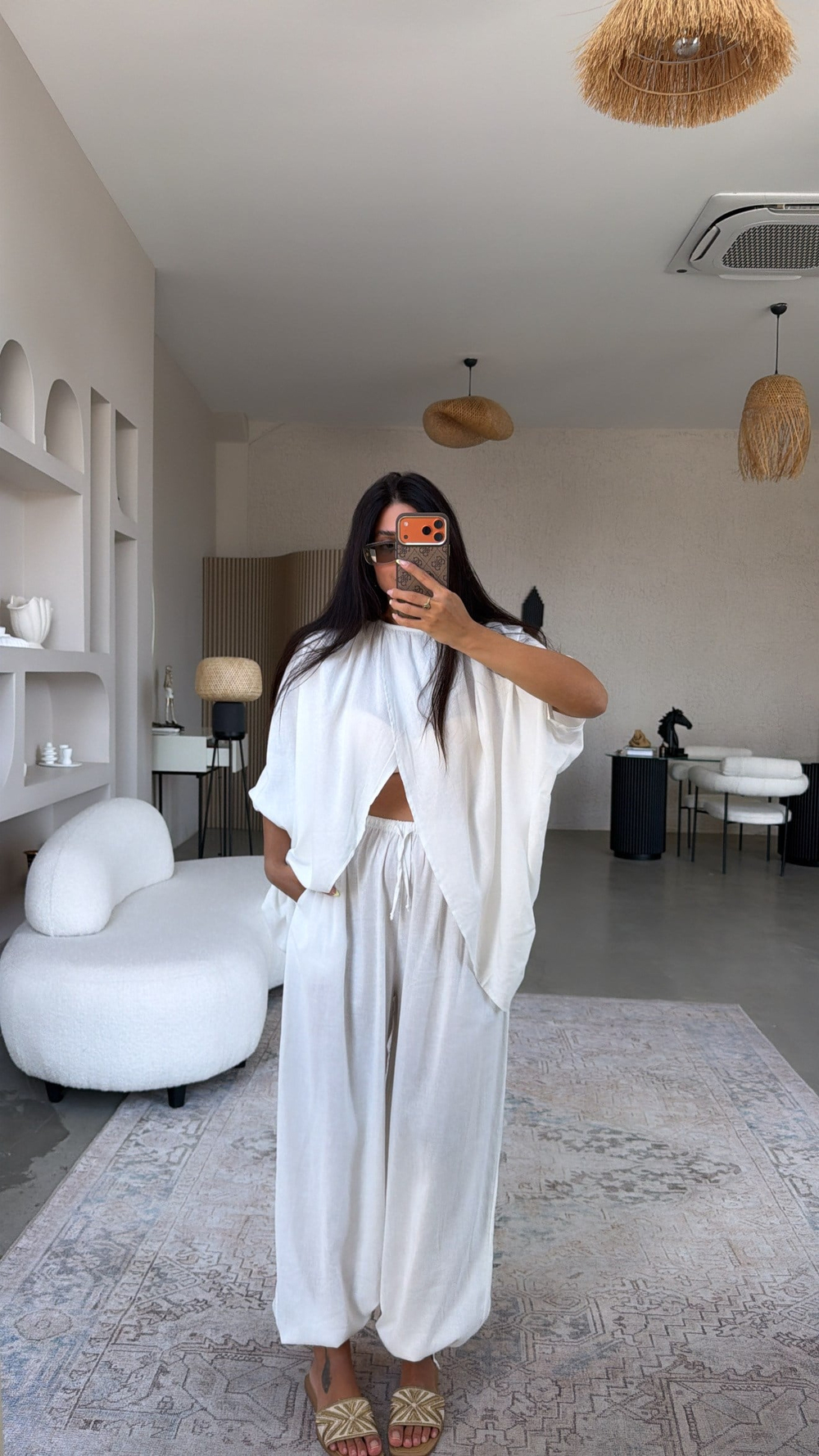 Beyaz Premium Keten Kruvaze Bluz Pantolon Takım