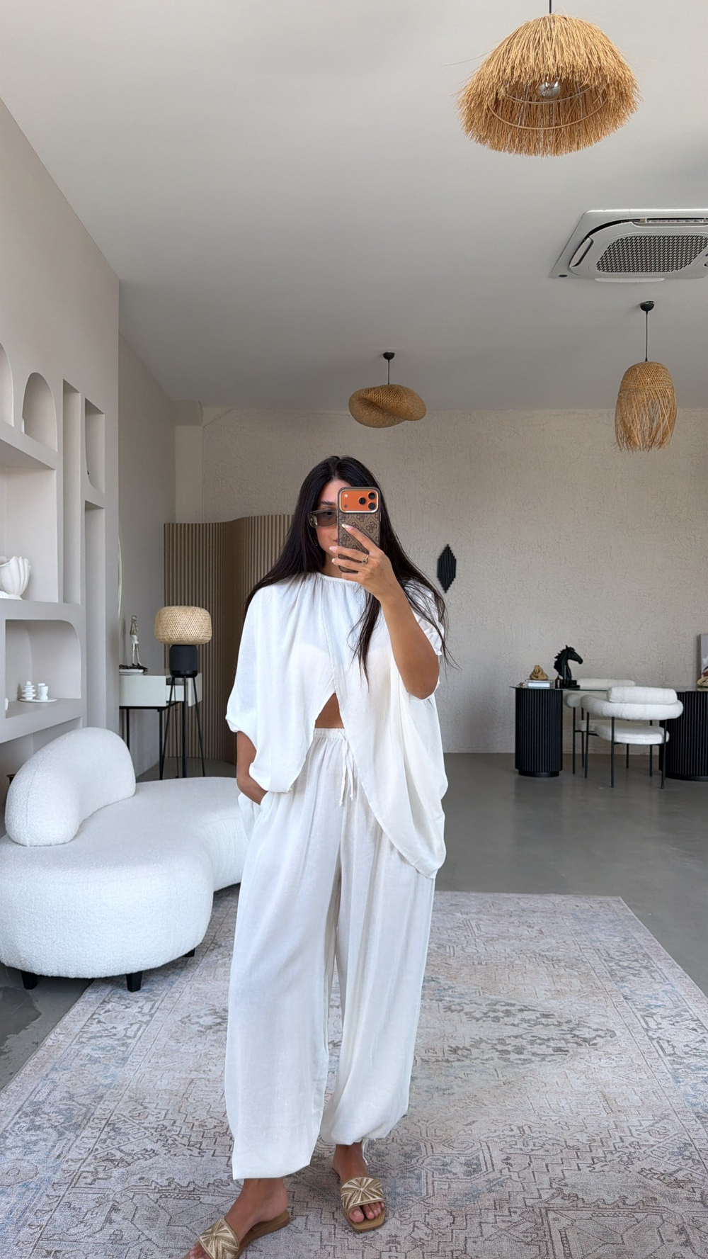 Beyaz Premium Keten Kruvaze Bluz Pantolon Takım