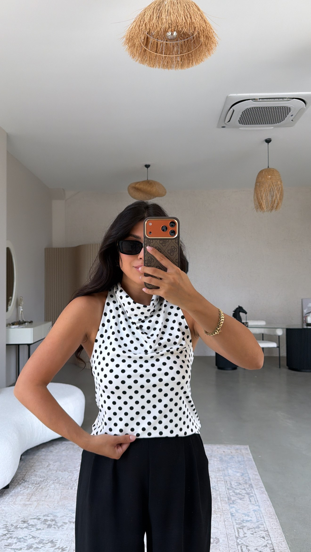 Beyaz Puantiyeli Degaje Polyamid Bluz