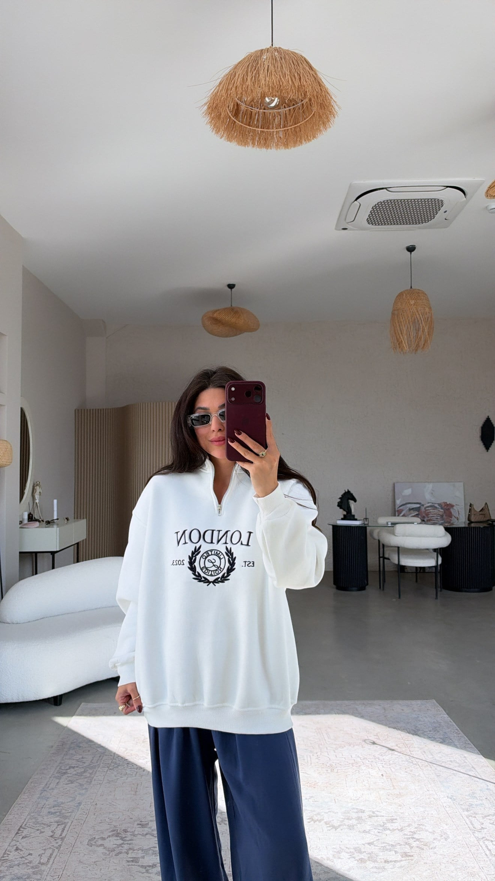 Beyaz Şardonlu London Fermuarlı Sweatshirt