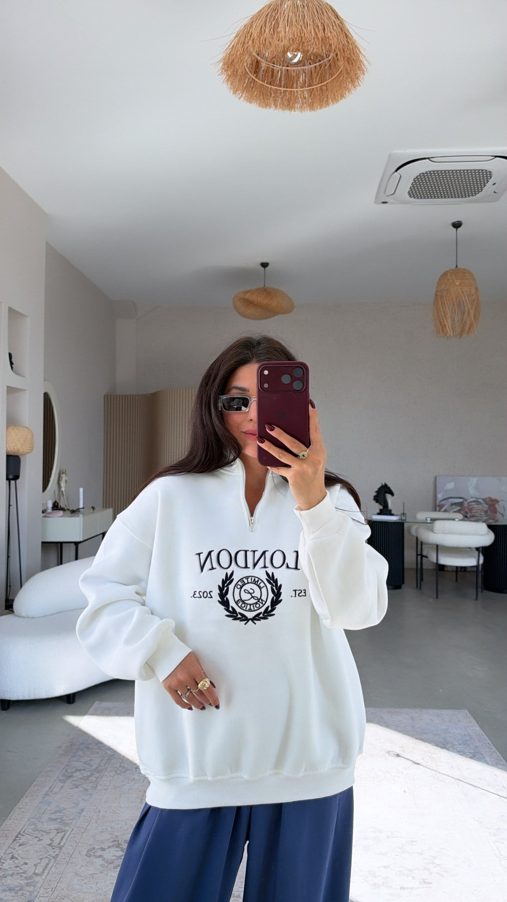 Beyaz Şardonlu London Fermuarlı Sweatshirt