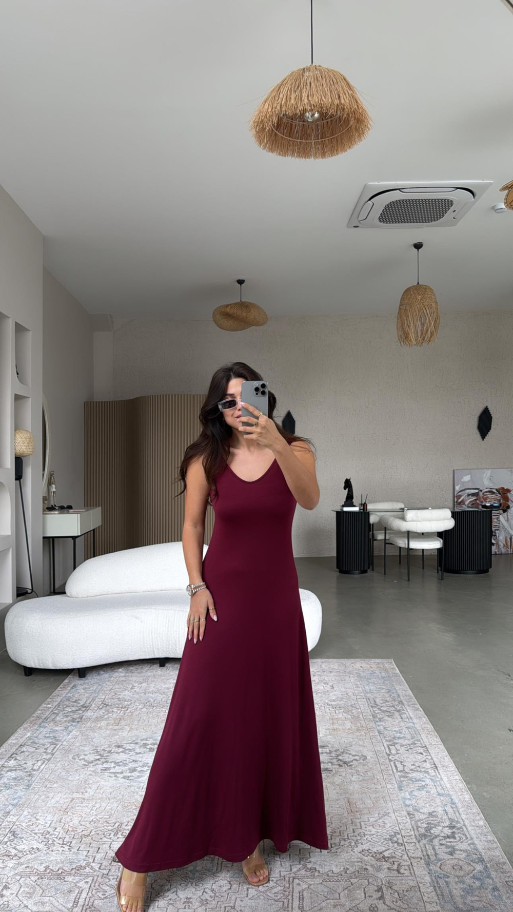 Bordo Askıları Lastikli Pike Modal Elbise