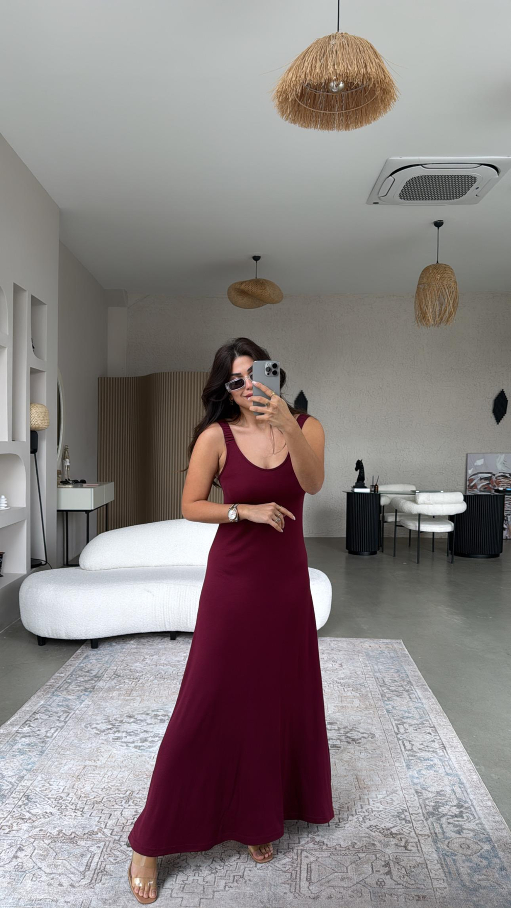 Bordo Askıları Lastikli Pike Modal Elbise