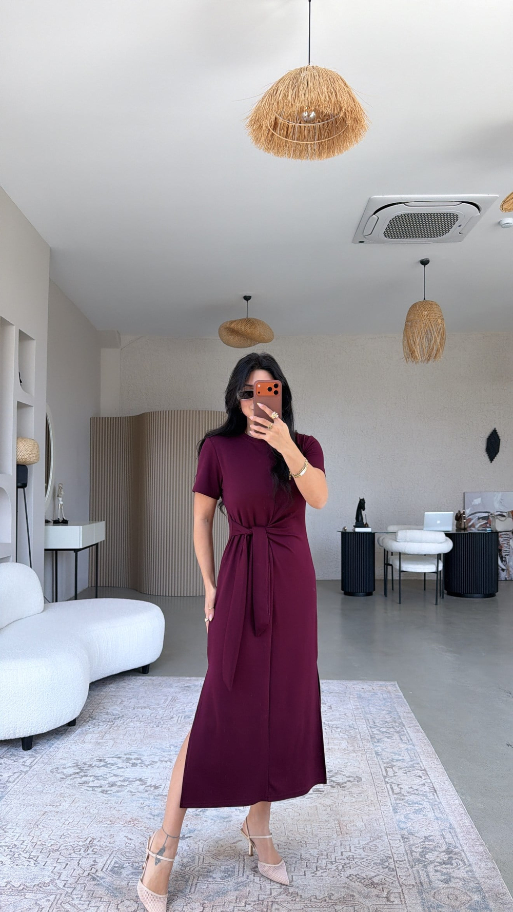 Bordo Bağlamalı Kısa Kol Modal Elbise