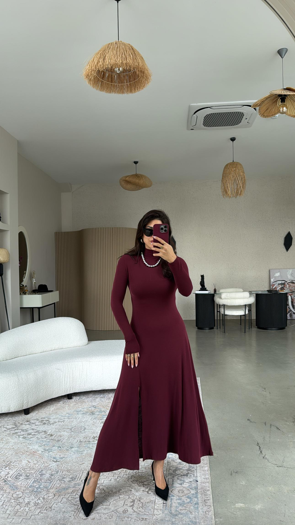Bordo Balıkçı Çilek Triko Yırtmaçlı Elbise