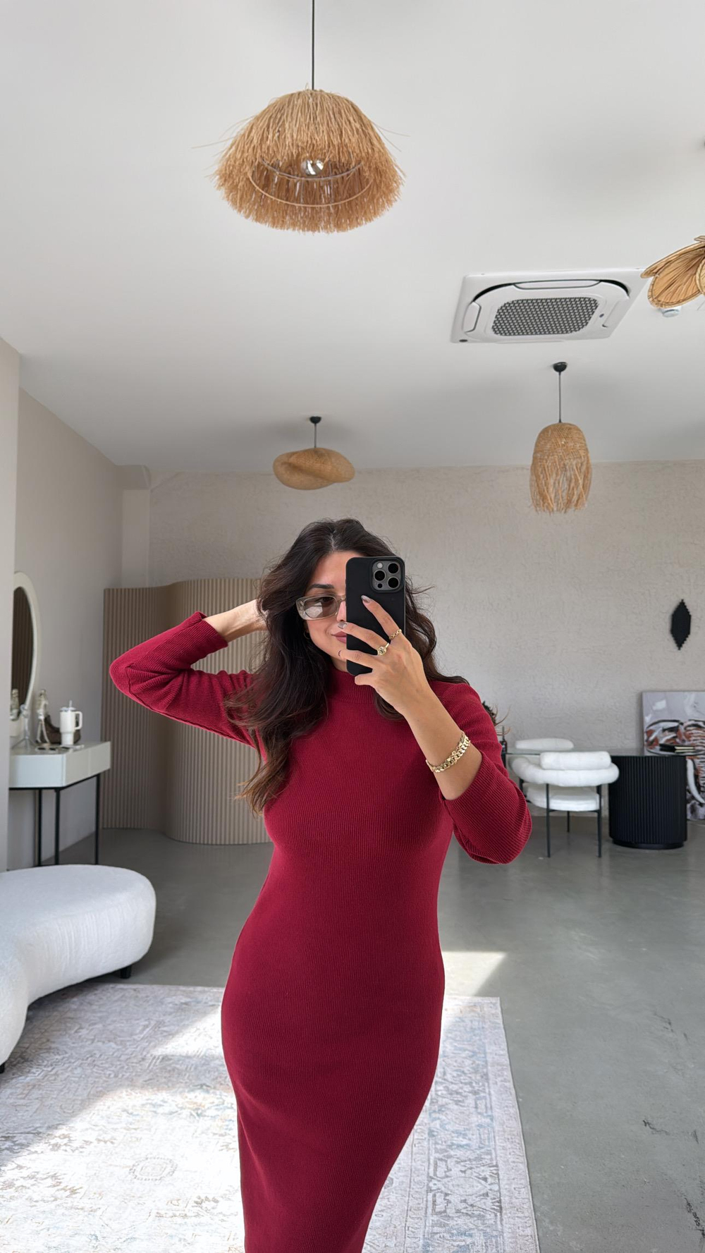 Bordo Balıkçı Yün Triko Elbise