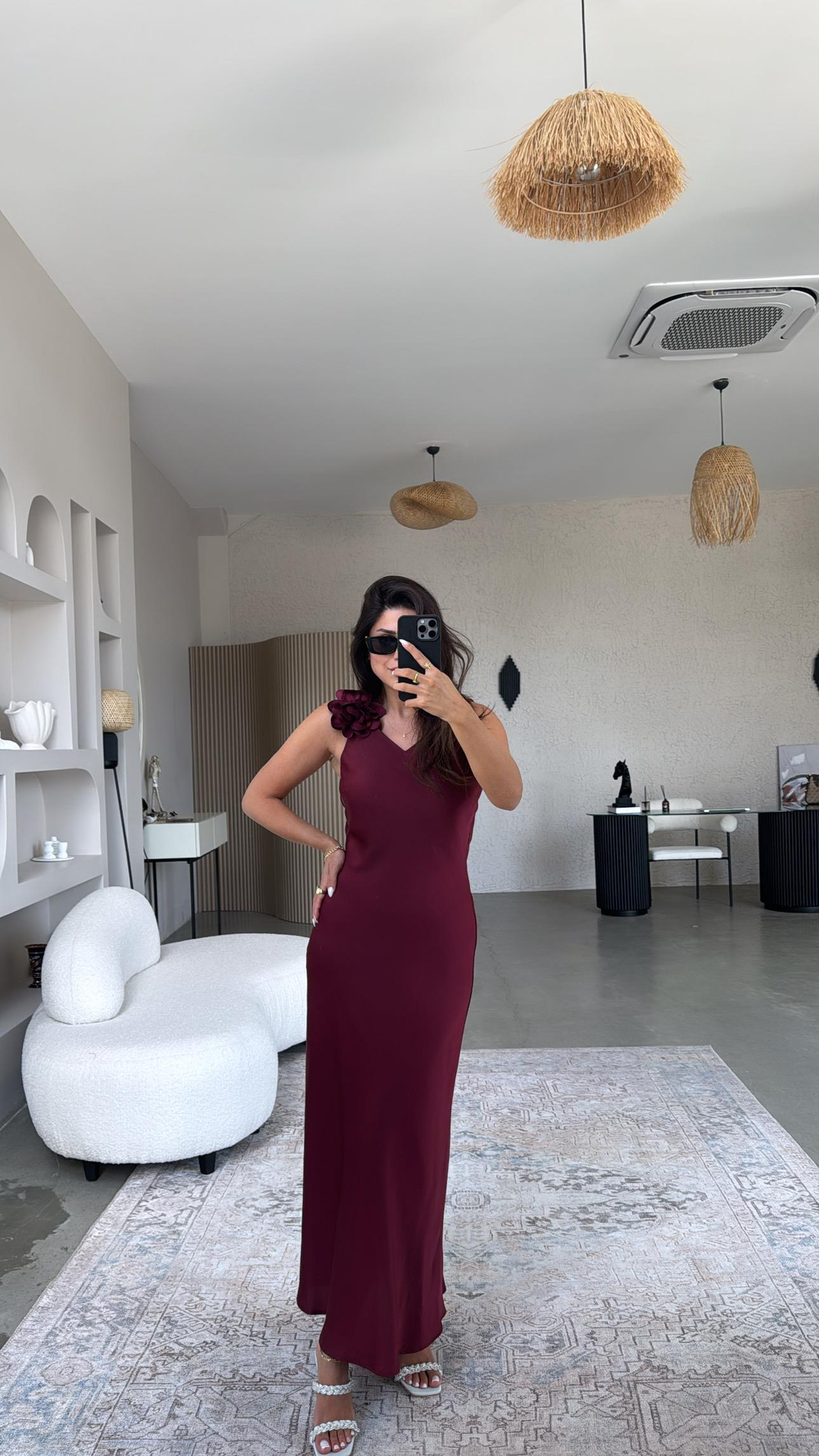 Bordo Çiçek Broşlu Premium Elbise