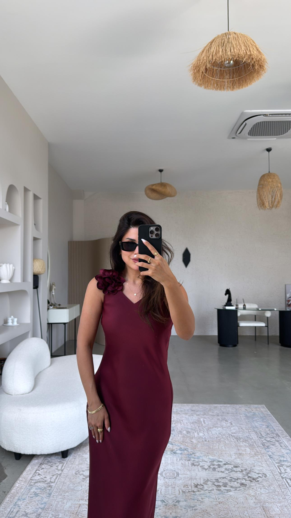 Bordo Çiçek Broşlu Premium Elbise
