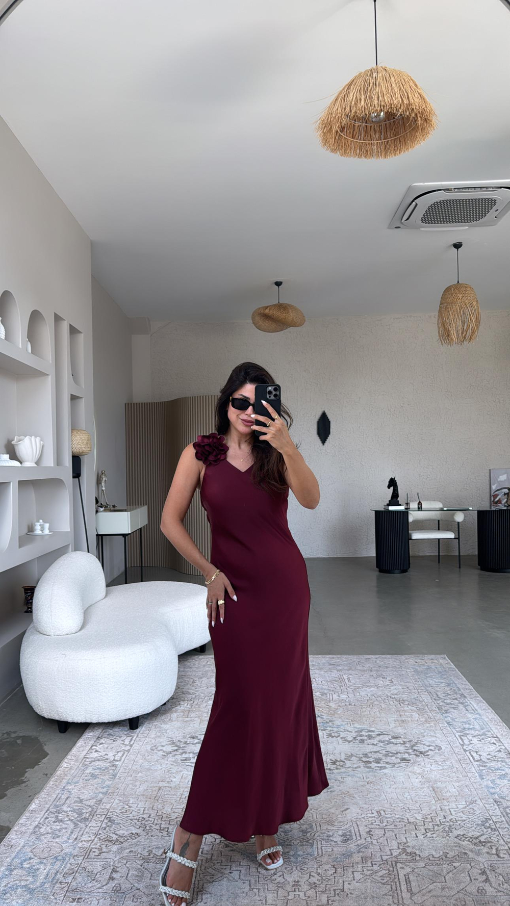 Bordo Çiçek Broşlu Premium Elbise