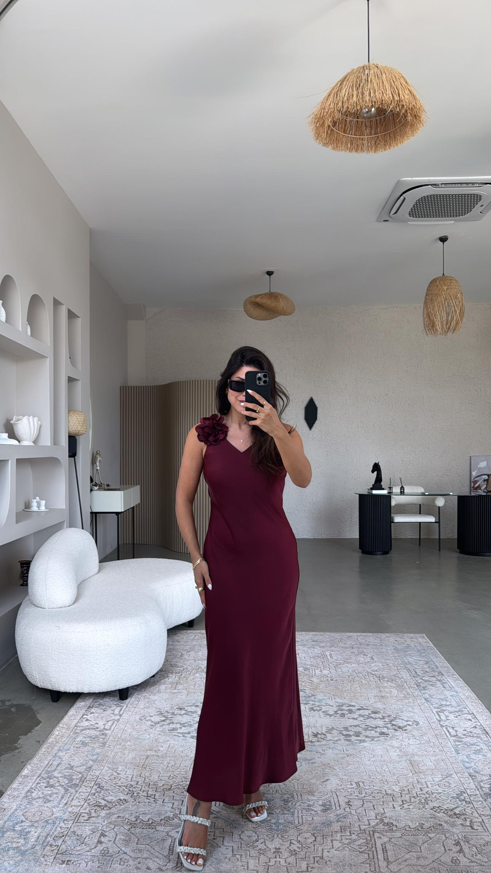 Bordo Çiçek Broşlu Premium Elbise